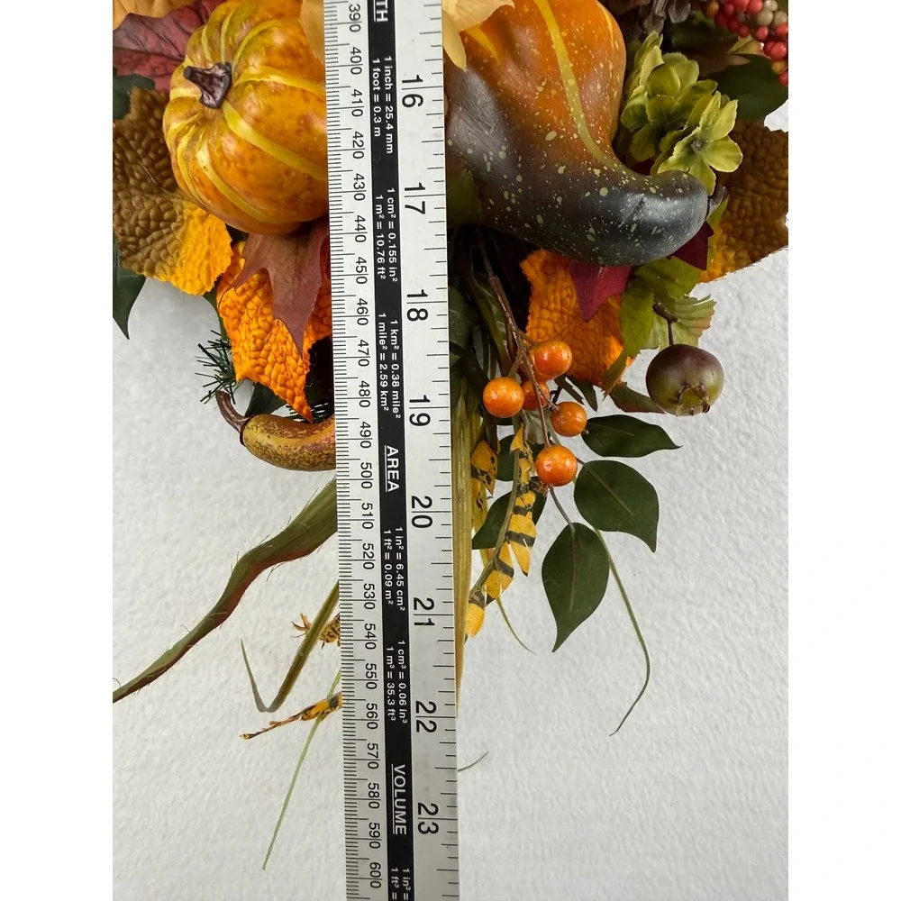 Fall Harvest Pumpkin Gourd Floral Swag Wreath Orange Plaid Bow Autumn Decor